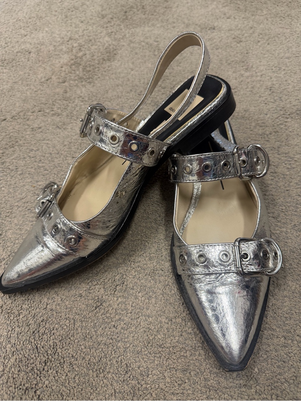 Dolce Vita Metallic Silver Pointed Slingback Flats with Buckle Straps